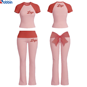 Conjunto Deportivo Personalizado con Logotipo para Mujer, Conjunto de Verano de Algodón para Yoga, Diseño con Lazo, Manga Corta, Pantalones Acampanados con Cintura Plegable, Conjunto de 2 Piezas - Product Image 5