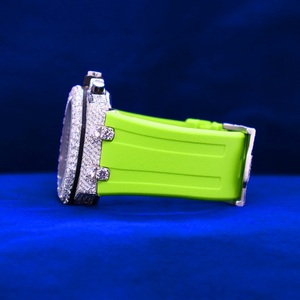 Luxury Men's Moisssanite Encrusted <b>Chronograph</b> Watch Green Silicone Band Round Case Analog Quartz Movement Dial - Product Image 3