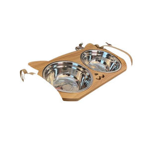 Bols en céramique pour chiens et chats avec support en bois, design élégant et étanche, forme arrondie, utilisation manuelle pour l'intérieur - Product Image 1