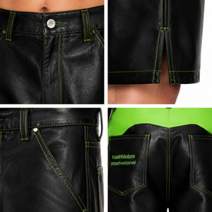 Shorts Bermuda Premium pour Homme en Cuir d'Agneau Plonge Extensible, Taille Mi-Haute, Fermeture Boutonnée, Coupe Large, Couleur Vert Citron, Surpiqûres Contrastantes, Personnalisé - Product Image 4