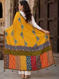 Jaipur Moda Festive Yellow Cotton Dupatta with Multicolor Patchwork Border Handmade Tassels Indian Stole for Women - Product Image 2