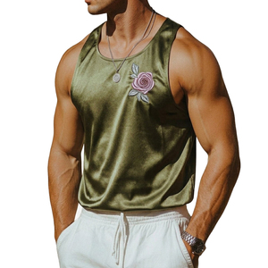 Wholesale Stylish Men's Casual Muscle Shirt Spandex Stretch Shiny Finish <b>Rose</b> Design OEM Custom Sizing Factory Price Tank <b>Tops</b> - Product Image 3