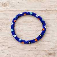 Gelang manik-manik bunga daisy warna-warni biru, bukan gelang karet, manik-manik kaca beras Nepal, gelang bohemian, gelang pesta mewah