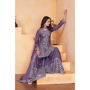 Exclusive chinon silk embroidered salwar suit set with <b>sequins</b> work <b>top</b> palazzo dupatta stitched ethnic festive wear - Product Image 5