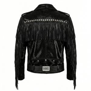 Chaqueta de cuero negra personalizada al por mayor para hombre con pelo de vaca, flecos, estilo motero, con tachuelas de metal pesado y cadena, estilo punk, fabricante de prendas de abrigo. - Product Image 2