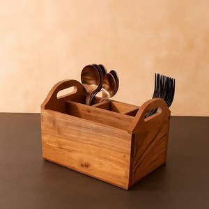 Modern Wooden Caddy <b>Storage</b> <b>Box</b> with Handle Multipurpose Organizer Kitchen Bathroom Office Desk Portable Holder Durable - Product Image 1