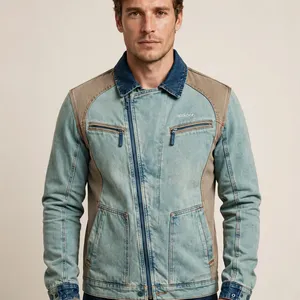 Veste en jean pour homme, couleur personnalisée, avec empiècements contrastés, fermeture éclair, col rabattu, style décontracté, pour l'automne - Product Image 1