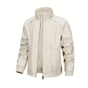 Blouson Bomber Homme en Cuir Véritable Beige Col Montant Fermeture Éclair Décontracté Printemps Vintage Effet Vieilli Patchwork Coupe Droite - Product Image 1