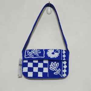 Bolso de hombro a cuadros azul y blanco de moda con cuentas, cartera de solapa con cuentas de vidrio, bolso de noche para mujer, accesorios de fiesta y viaje - Product Image 2