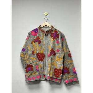 Chaqueta de terciopelo gris para mujer, con bordado floral estilo Suzani, manga larga, cuello alto, estilo bohemio, abrigo de invierno para mujer - Product Image 5