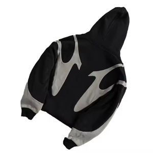 Sudadera con capucha gótica de estilo urbano personalizada al por mayor, de peso pesado, con panel de ondas abstractas, gris y negro, con cremallera - Product Image 5