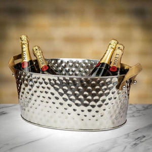 Refroidisseur de vin martelé au diamant avec poignées en bande de cuir Stockage de boissons Baignoire Bar Fourniture Excellent refroidisseur de vin de Champagne argenté - Product Image 1