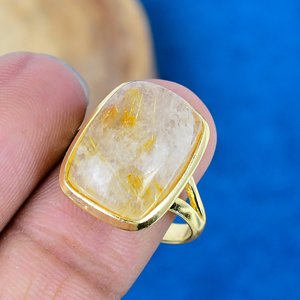 Natural Golden Rutile <b>Cushion</b> Shape Gemstone Handmade <b>Ring</b> 18k Gold Micron Over 925 Sterling Silver - Product Image 3