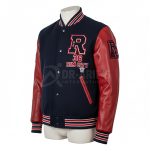 Veste de baseball rouge pour homme avec manches en cuir, logo de basketball brodé, style preppy, fermeture éclair, automne - Product Image 4