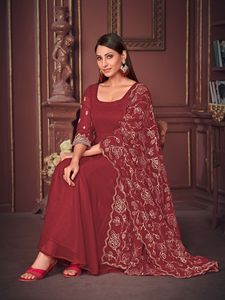 Elegante y Hermoso Traje Anarkali Rosa Oscuro para Mujer, Manga 3/4, Georgette Crepé, Semi-Cosido, para Fiesta de Diwali - Product Image 3