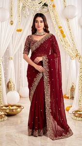 Sari en soie bordeaux AARA Fashion avec broderie dorée, protection solaire, pour mariage, tenue traditionnelle indienne, longueur ras du sol pour femme - Product Image 6