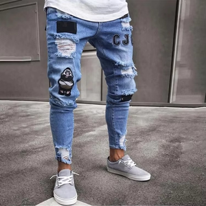 Pantalones vaqueros ajustados para hombre con roturas, estilo casual, de mezclilla delgada, clásicos, para hombre joven, corte ajustado, desgastados - Product Image 1