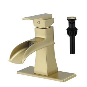 Rubinetto a cascata monocomando in nichel oro per lavabo con scarico a soffietto e tubi di alimentazione, con piastra di copertura per bagno - Product Image 4