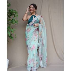 DESIGNER ORGANZA SILK DIGITAL PRINT SEQUENCE HAND CUT WORK SAREE AVEC BLOUSE INCOSSÉE SEAGREEN - Product Image 1
