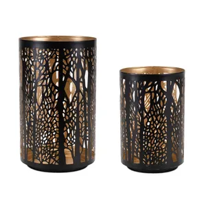 Cylindrical Metal <b>Lantern</b> Black With <b>Gold</b> Interior Tree Pattern Design Tabletop Home Decoration Heat Resistant - Product Image 2