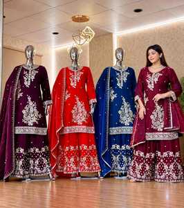 Traditional Indian Pakistani Women Salwar Kameez Embroidered Polyester <b>Wedding</b> Wear Floor-Length Regular Fit Stretchable <b>Dress</b> - Product Image 1