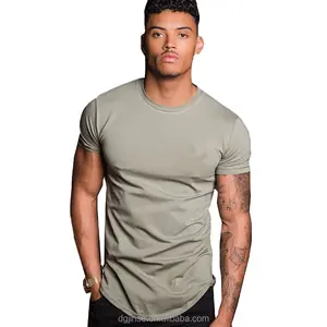 2022 nouveau 95% coton 5% élasthanne hommes Slim Fit palangre t-shirt plus longue goutte ourlet incurvé Muscle mince ajusté Gym t-shirt