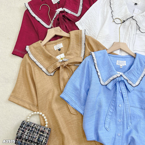 Women Formal Work Blouse with Short Sleeve Layered Sailor Collar and Bow Tie Solid Woven Simple <b>Top</b> ODM - Product Image 5