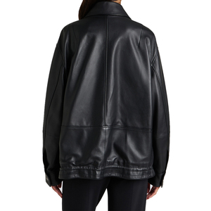Veste en cuir d'agneau noir sur mesure pour femme, 100% cuir véritable, coupe ample, fermeture éclair sur le devant, poches à boutons pression, cordon de serrage ajustable - Product Image 2