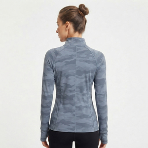 Slim Fit Ladies Polyester Spandex Jacket <b>Thumb</b> Loop Yoga Training Jacket Camo Print Workout Zipper <b>Top</b> Ladies Fitness Jackets - Product Image 4