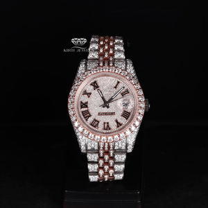 Reloj de Pulsera para Hombre de Acero Inoxidable con Esfera Romana de Moissanita y Diamantes, Brazalete Jubilee Bicolor Blanco y Rosado, Estilo Hip Hop - Product Image 1