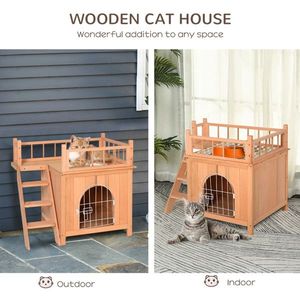Natural Wood 2 Level Cat House with Lockable Wire Door Pet Furniture - Product Image 2