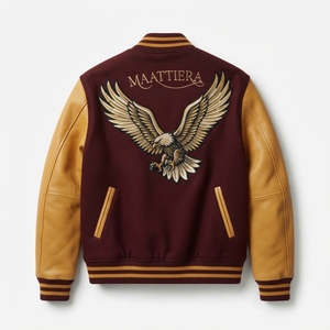 <b>Mens</b> Burgundy <b>Bomber</b> Jacket Eagle Embroidery Gold <b>Leather</b> Sleeves Custom Streetwear Fashion Outerwear Winter Jacket - Product Image 3