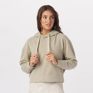 Haut court à capuche personnalisé pour femme, en Spandex, coupe ample, avec logo frontal, style streetwear, beige uni, pour l'automne/hiver, idéal pour la gym - Product Image 5