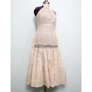 Robe longue vintage en pur coton pour femme, col halter, manches tombantes, silhouette trapèze, imprimé artisanal, robe de soirée décontractée et ample - Product Image 4