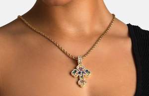 Luxury Colorful Gemstone Cross Pendant <b>Necklace</b> 18K Gold Plated Moissanite Religious Charm Rope Chain Unisex Jewelry - Product Image 3