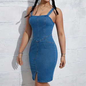 Vestidos de fiesta ajustados sin mangas con cremallera trasera y abertura, de mezclilla sólida hasta la rodilla, sexys y de verano para mujer - Product Image 4
