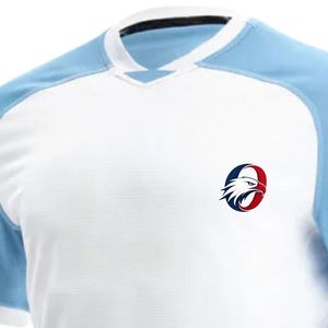Camiseta de Rugby Raglán Blanca y Azul Claro de Manga Corta, Uniforme Deportivo, Ropa Atlética, Ropa de Entrenamiento, Ropa para Juegos al Aire Libre - Product Image 3