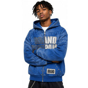 Sweat-shirt à capuche zippé pour homme grande taille, tricoté, style streetwear, imprimé lettres bleues, collection automne - Product Image 2