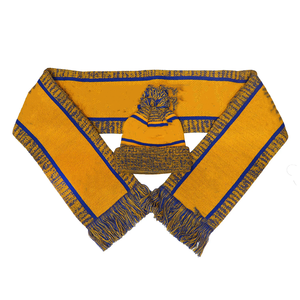 ชุดผ้าพันคอไหมพรมสีน้ำเงินกรมท่าลายทางสีทอง พร้อมหมวกบีนนี่ปอมปอม 100% อะคริลิก สำหรับชมรมนักศึกษาซิกมาโร  เหมาะสำหรับใส่ในช่วงฤดูหนาว - Product Image 1