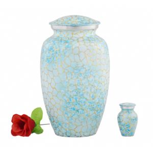 Wholesale Luxury Sky Blue Metal Cremation Urn Bulk Memorial <b>Jar</b> with Elegant Gold Cracked <b>Marble</b> and Enamel Finish Design - Product Image 1