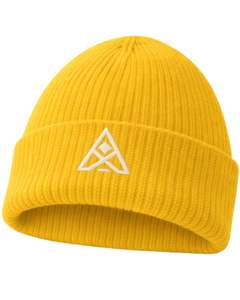 หมวกบีนนี่ถักลายริบสีเหลืองแบบกำหนดเอง พร้อมโลโก้ปักสีขาว อุ่นสบายในฤดูหนาว ผลิตจากอะคริลิกนุ่ม รับผลิตตามสั่ง OEM หมวกแบบ Unisex - Product Image 1