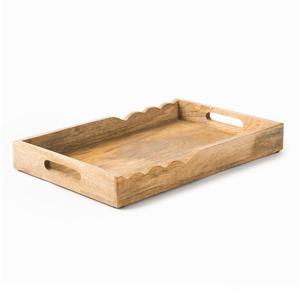 Premium Handcrafted <b>Solid</b> Acacia <b>Wood</b> Rectangular Serving Tray With Scalloped Edge Decorative Wooden Breakfast Coffee Ottoman - Product Image 3