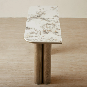 Mesa Consola Moderna Minimalista con Tapa de Mármol y Base de Pedestal de Teca Sólida con Panel de Almacenamiento - Muebles para Sala de Estar Saila - Product Image 5