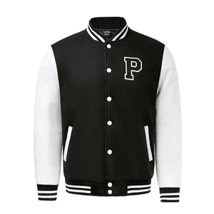 Chaqueta Varsity para Hombre en Blanco y Negro con Bloques de Color, Parche con Letra P, Botones a Presión, Estilo Deportivo - Product Image 2