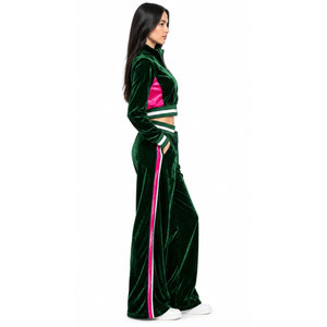 Conjunto Deportivo de Terciopelo Verde para Mujer, Chaqueta con Cierre y Cuello Alto en Bloques de Color, Pantalones Anchos - Product Image 4