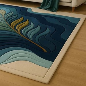 Alfombra de Lana con Diseño Botánico Abstracto, Alfombra Moderna Hecha a Mano con Diseño de Hojas Azules, Alfombra Contemporánea para Sala de Estar, Dormitorio, Decoración del Hogar - Product Image 4