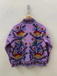 Veste en coton brodée florale bohème, col mandarin, manches trois quarts, vêtement d'extérieur décontracté pour adulte, printemps - Product Image 2