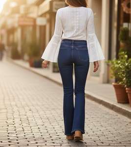 Jeans de mezclilla elástica para mujer, de cintura alta, transpirables, ecológicos, para uso exterior, hechos a medida, talla OEM, corte de bota, estilo urbano. - Product Image 2