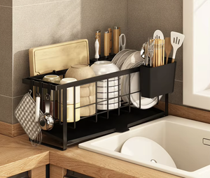 Black Metal 2 Tier Kitchen Organizer Countertop <b>Dish</b> <b>Rack</b> With Utensil Holder Multi Function Storage Shelf - Product Image 1