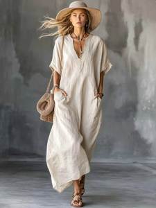 Vestido Kaftan de Lino y Algodón para Mujer, Cuello en V, Adorno de Encaje, Corte Holgado, Vestido Largo con Bolsillos, Ropa Casual de Ocio - Product Image 3